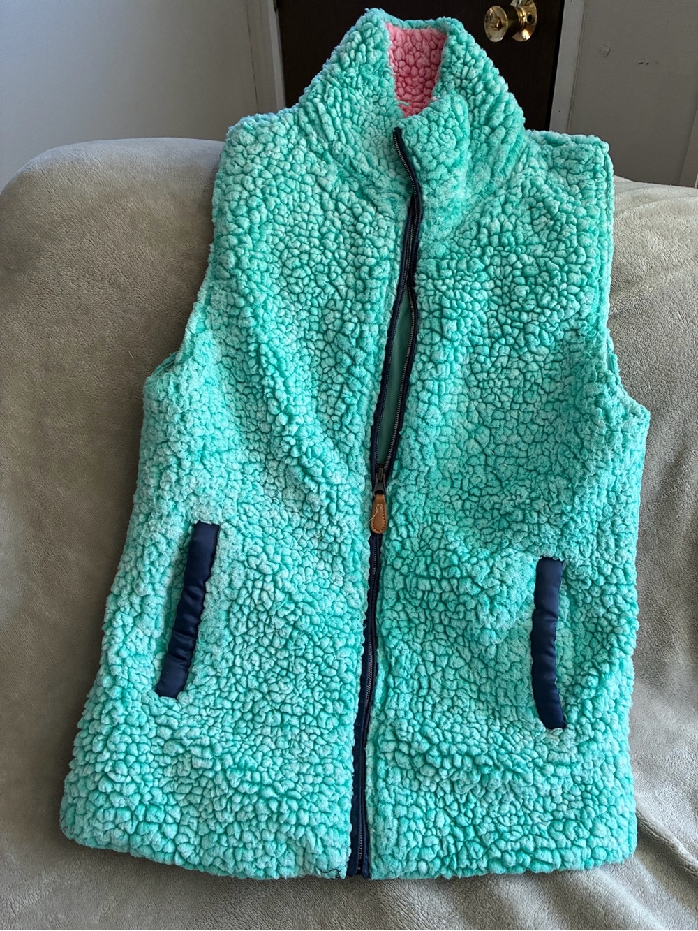 Simply Southern Mint Sherpa Vest with Navy Trim